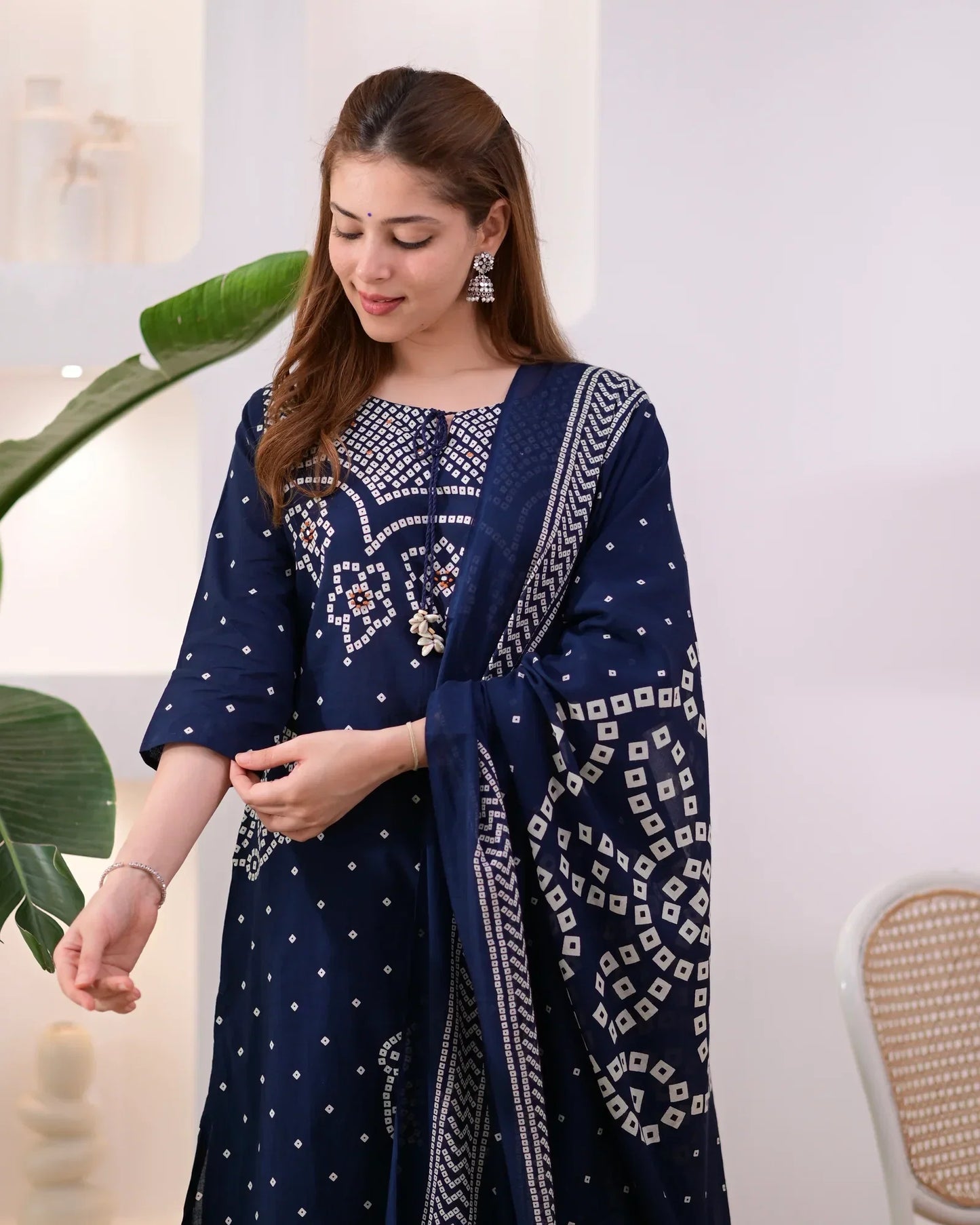 Noor-e-Navy Bandhej Mirror Work Cotton Suit