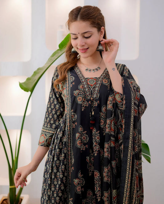 Midnight Ajrakh Premium Cotton A Line Suit