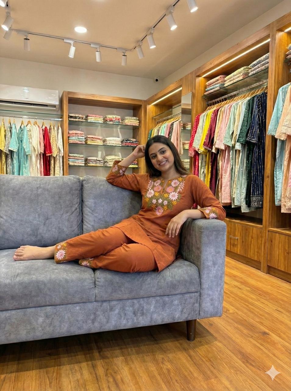 Rust Orange Floral Embroidered Co-ord Set