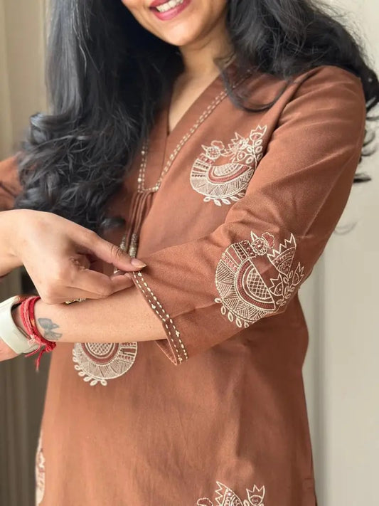 Brown Cotton Co-ord Set with Tagai Thread Work & Latkan Dori