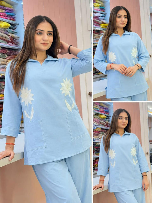 Sky Blue Floral Embroidered Co-Ord Set