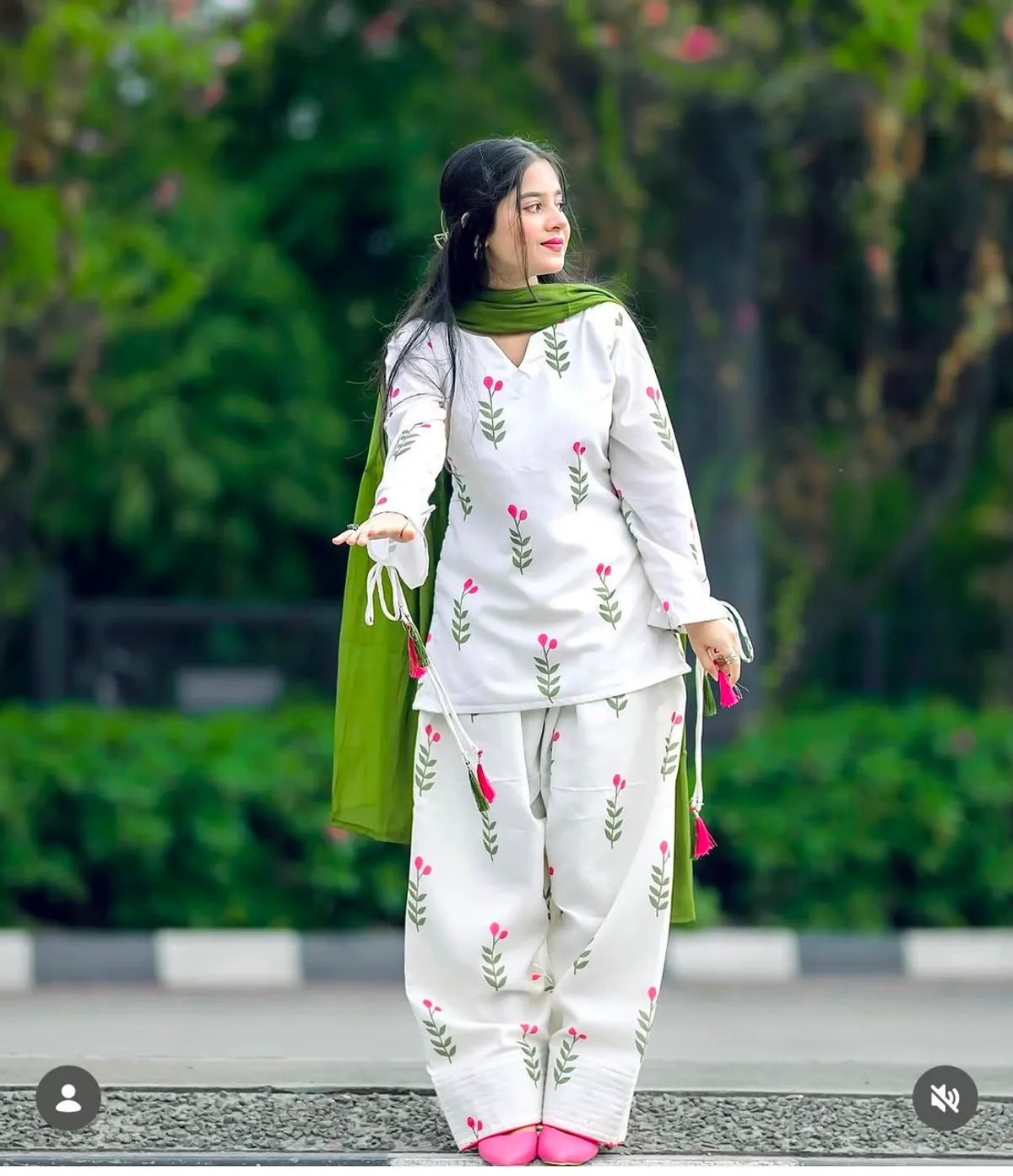 Gulbahar White Floral Patiala Suit Set with Olive Green Dupatta