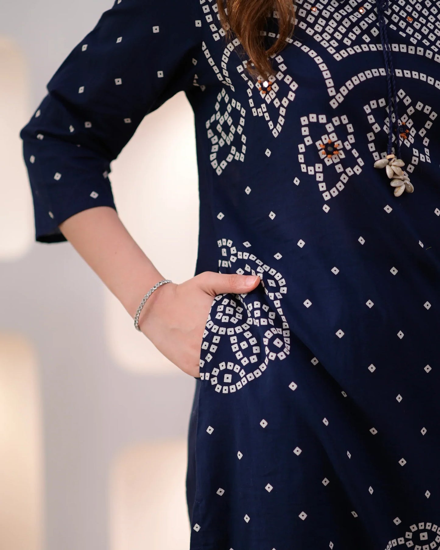 Noor-e-Navy Bandhej Mirror Work Cotton Suit