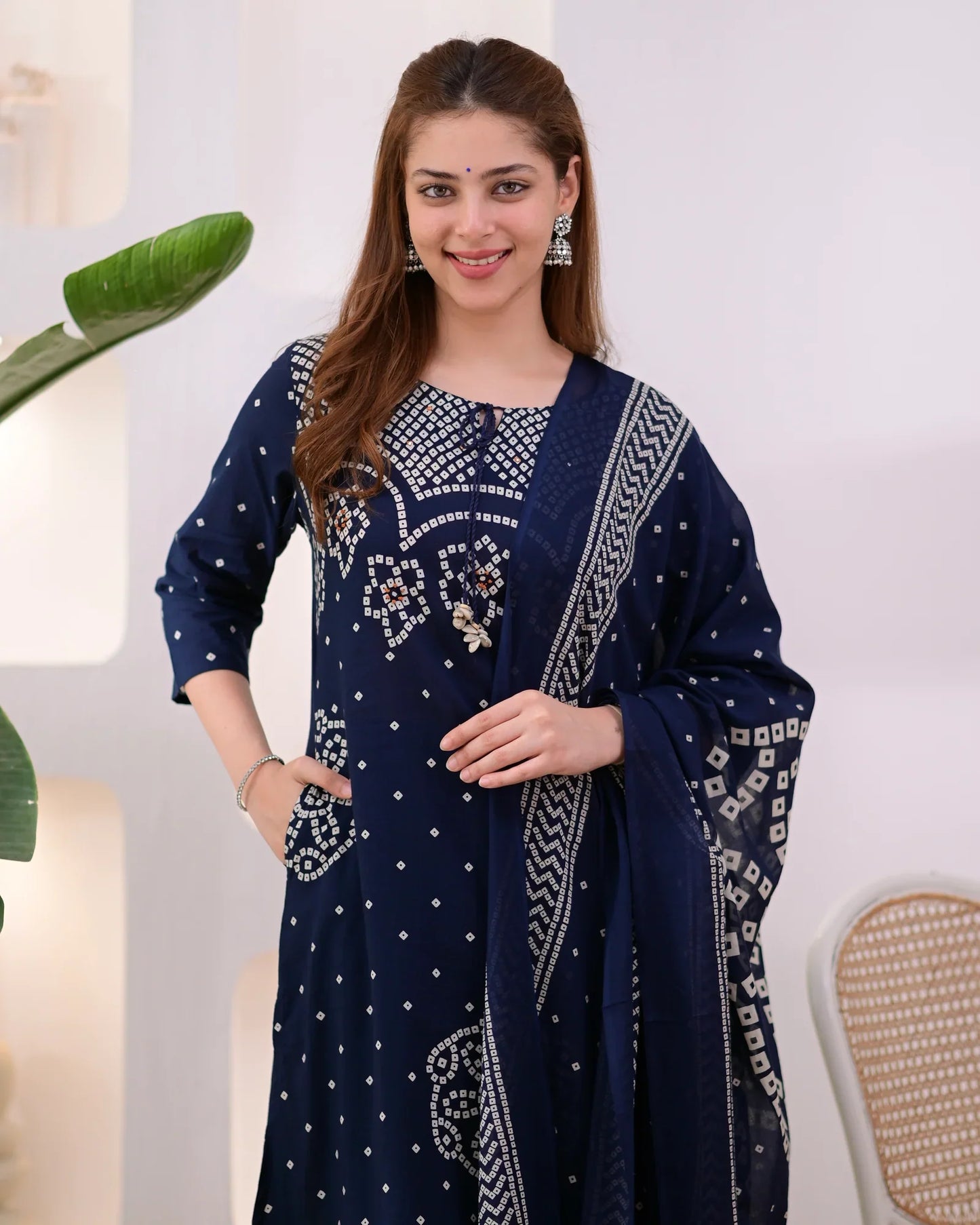Noor-e-Navy Bandhej Mirror Work Cotton Suit