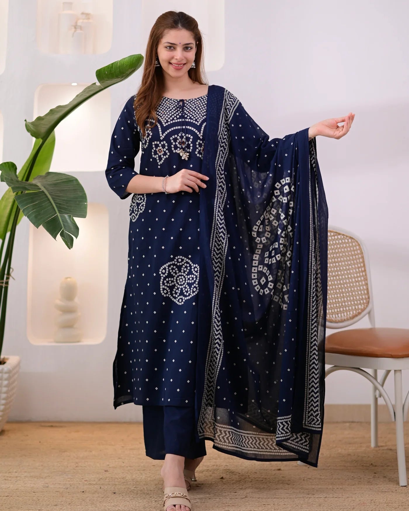 Noor-e-Navy Bandhej Mirror Work Cotton Suit