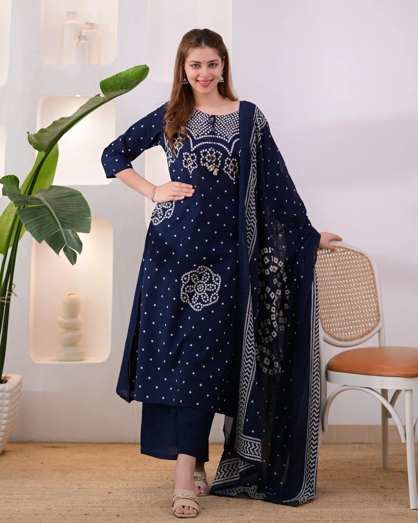 Noor-e-Navy Bandhej Mirror Work Cotton Suit