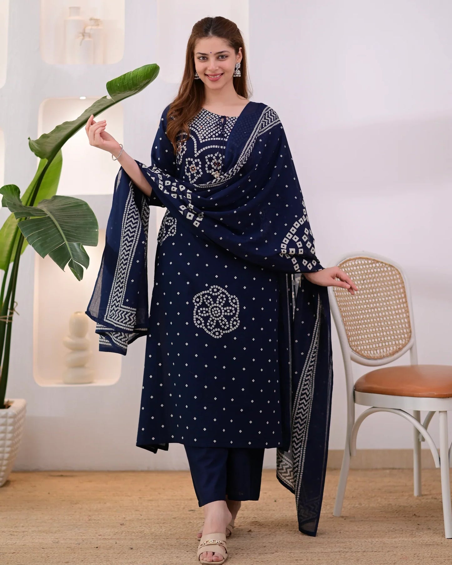 Noor-e-Navy Bandhej Mirror Work Cotton Suit