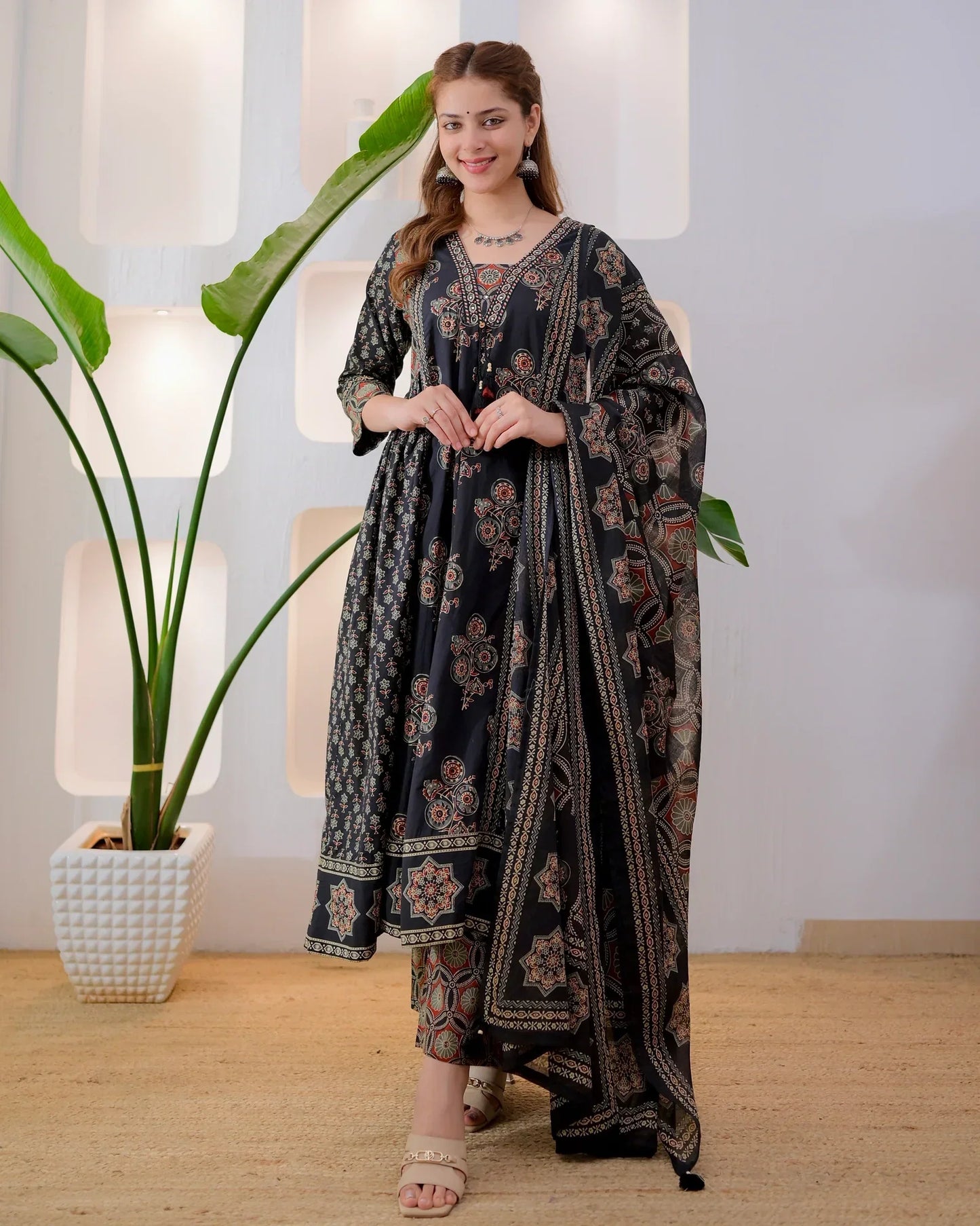 Midnight Ajrakh Premium Cotton A Line Suit