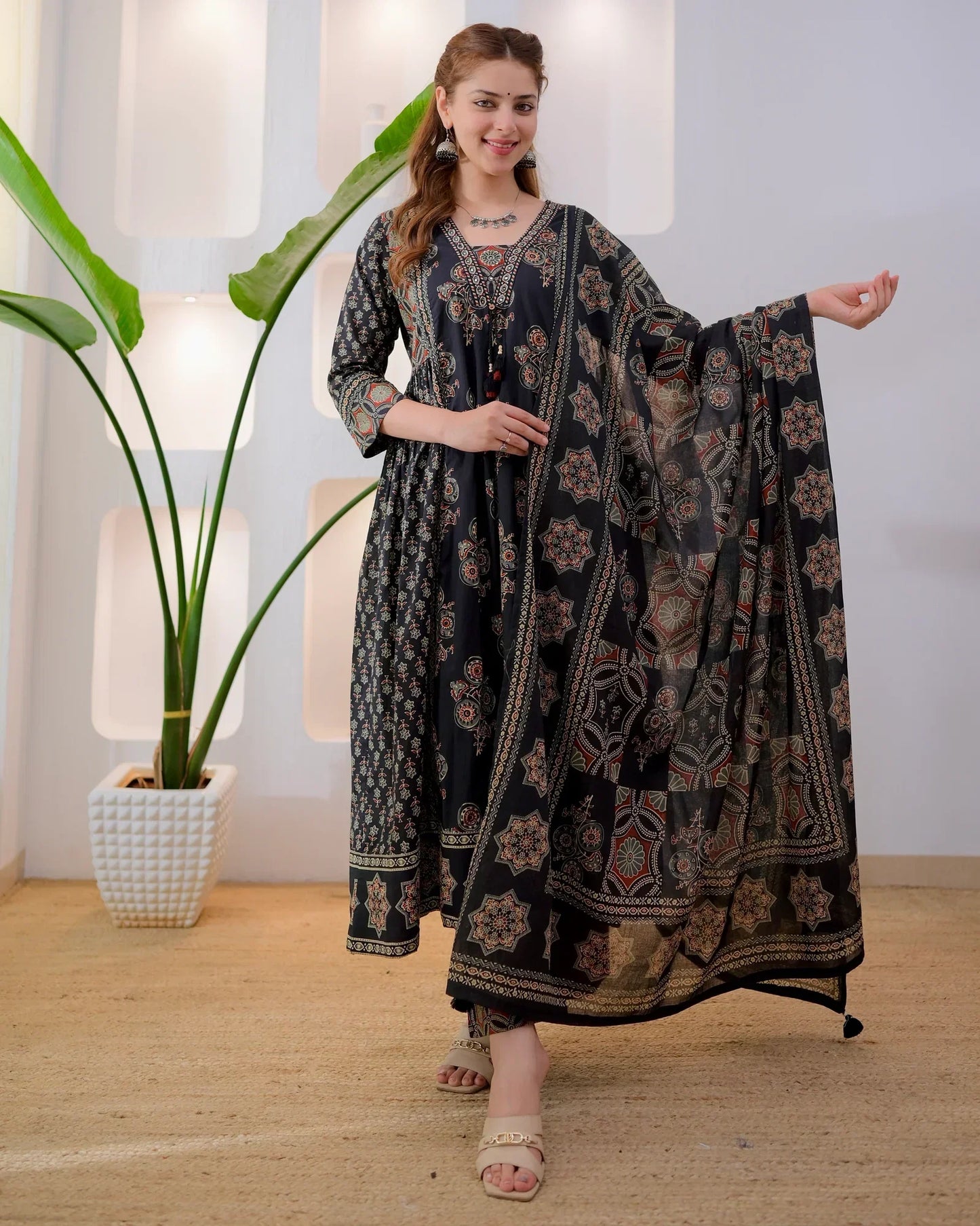 Midnight Ajrakh Premium Cotton A Line Suit