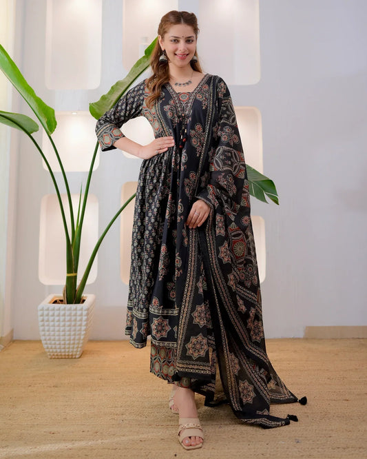 Midnight Ajrakh Premium Cotton A Line Suit