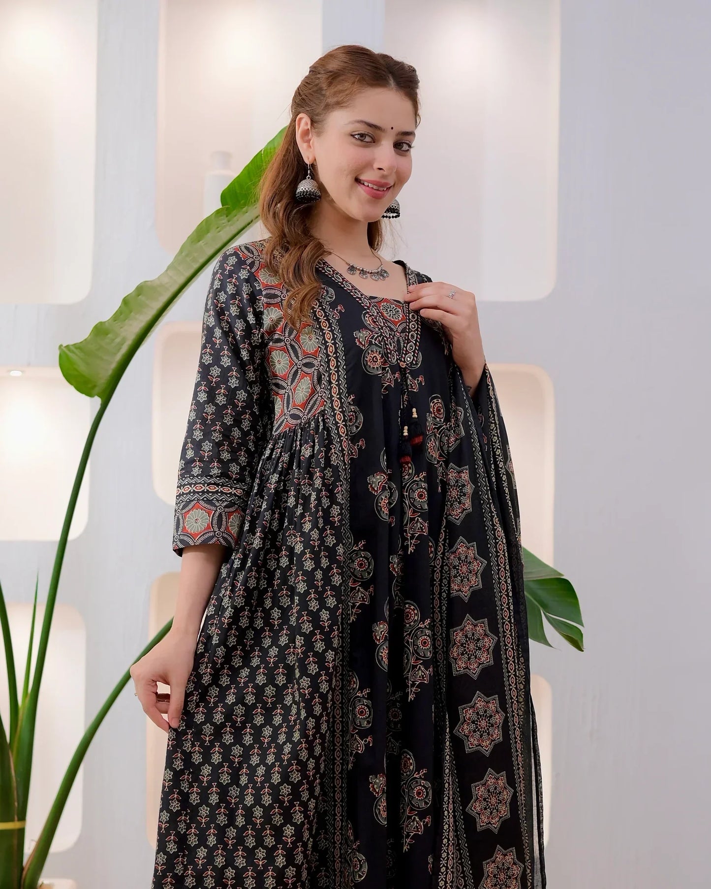 Midnight Ajrakh Premium Cotton A Line Suit