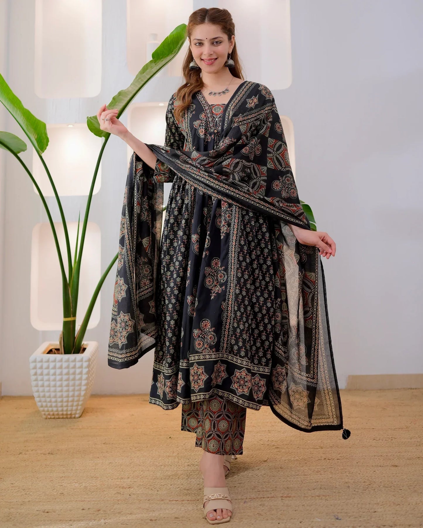 Midnight Ajrakh Premium Cotton A Line Suit