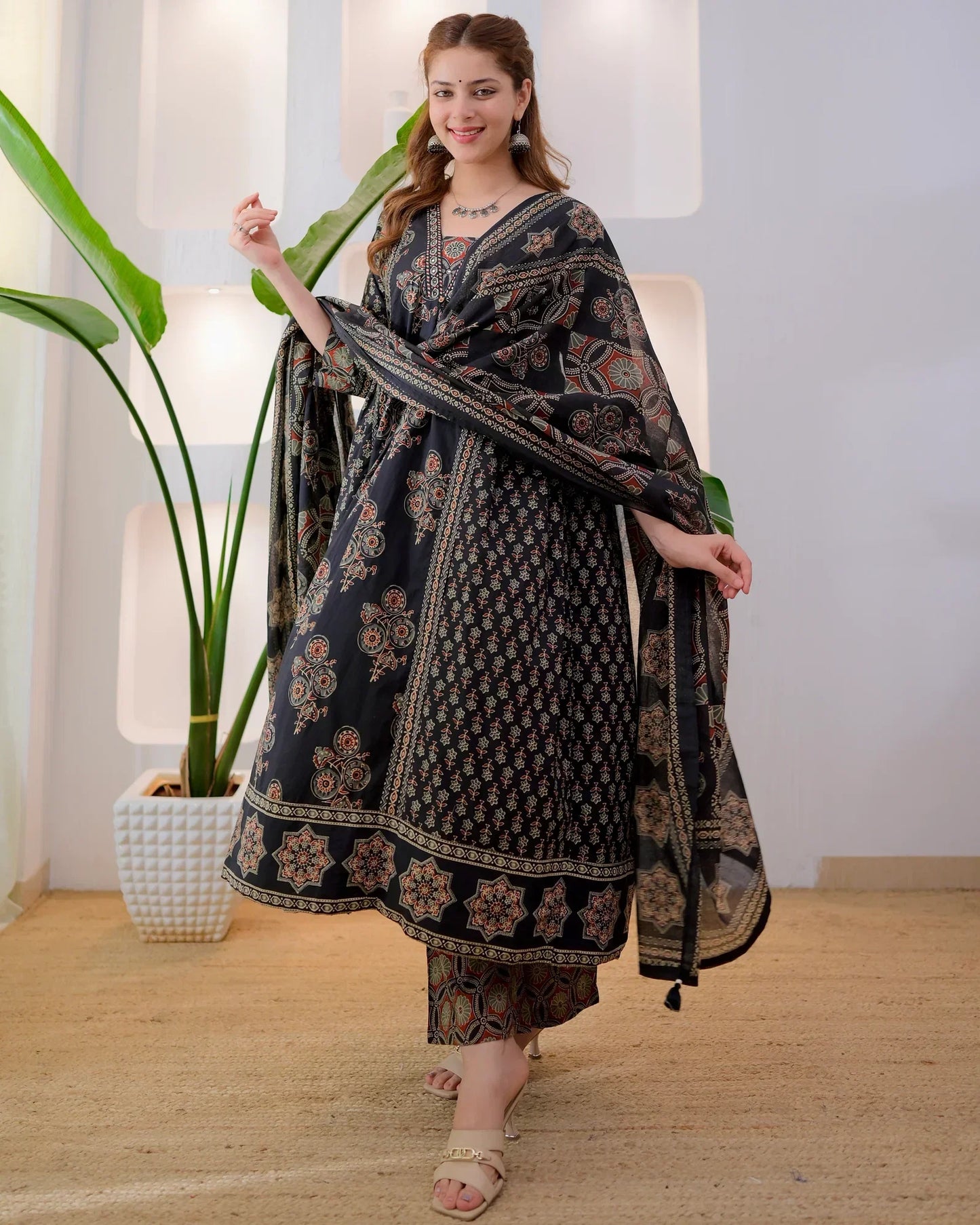 Midnight Ajrakh Premium Cotton A Line Suit