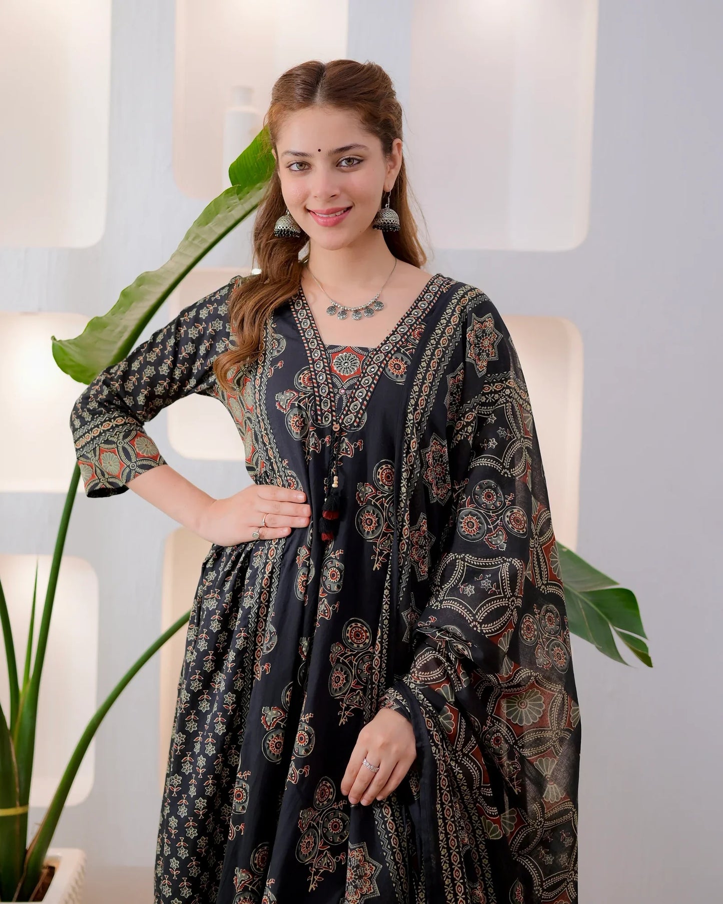 Midnight Ajrakh Premium Cotton A Line Suit