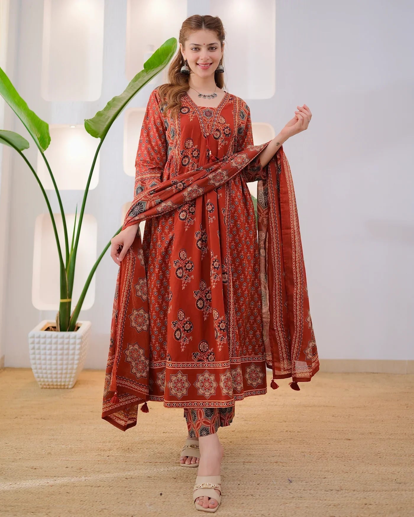 Terracotta Ajrakh Premium Cotton A Line Suit