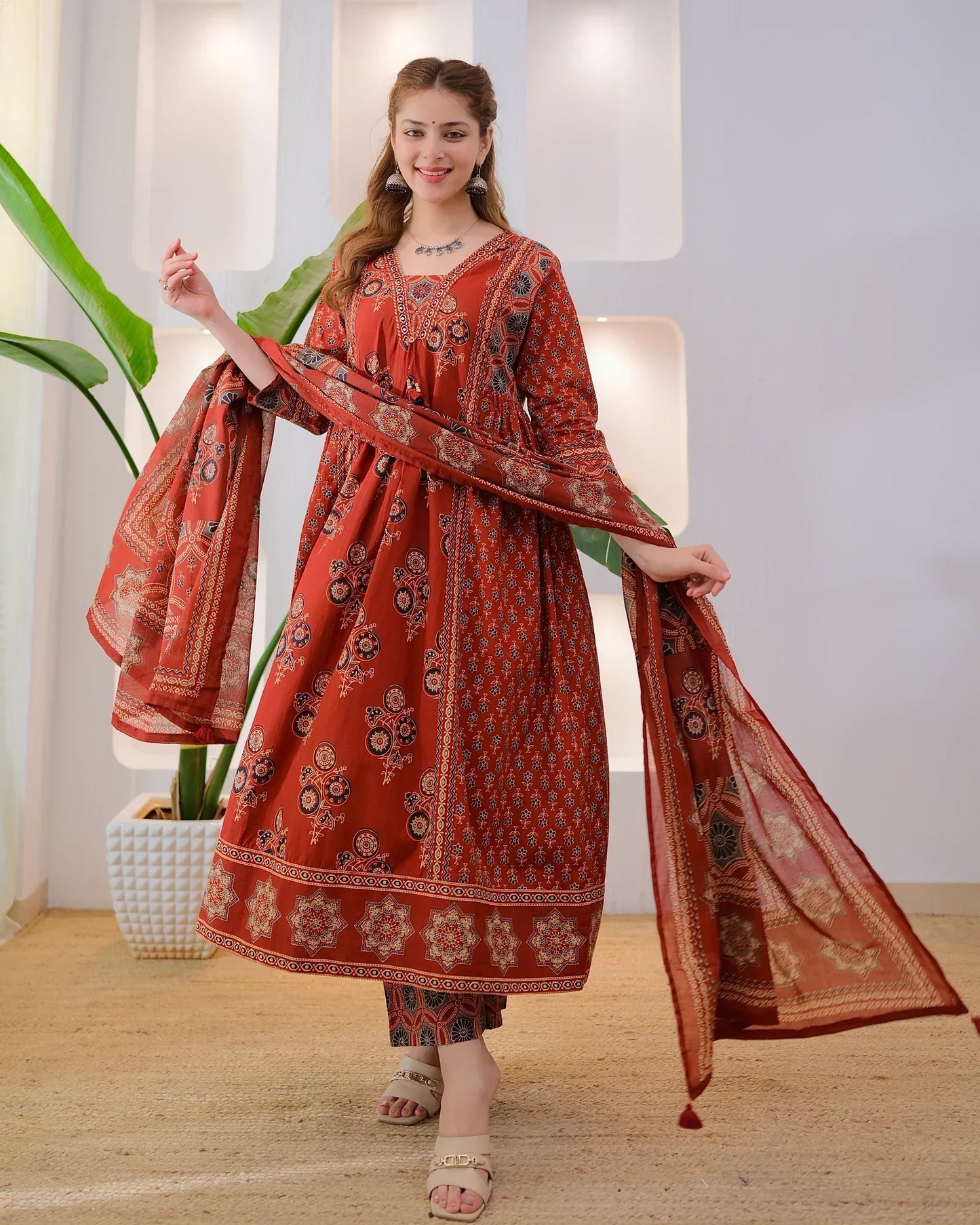 Terracotta Ajrakh Premium Cotton A Line Suit