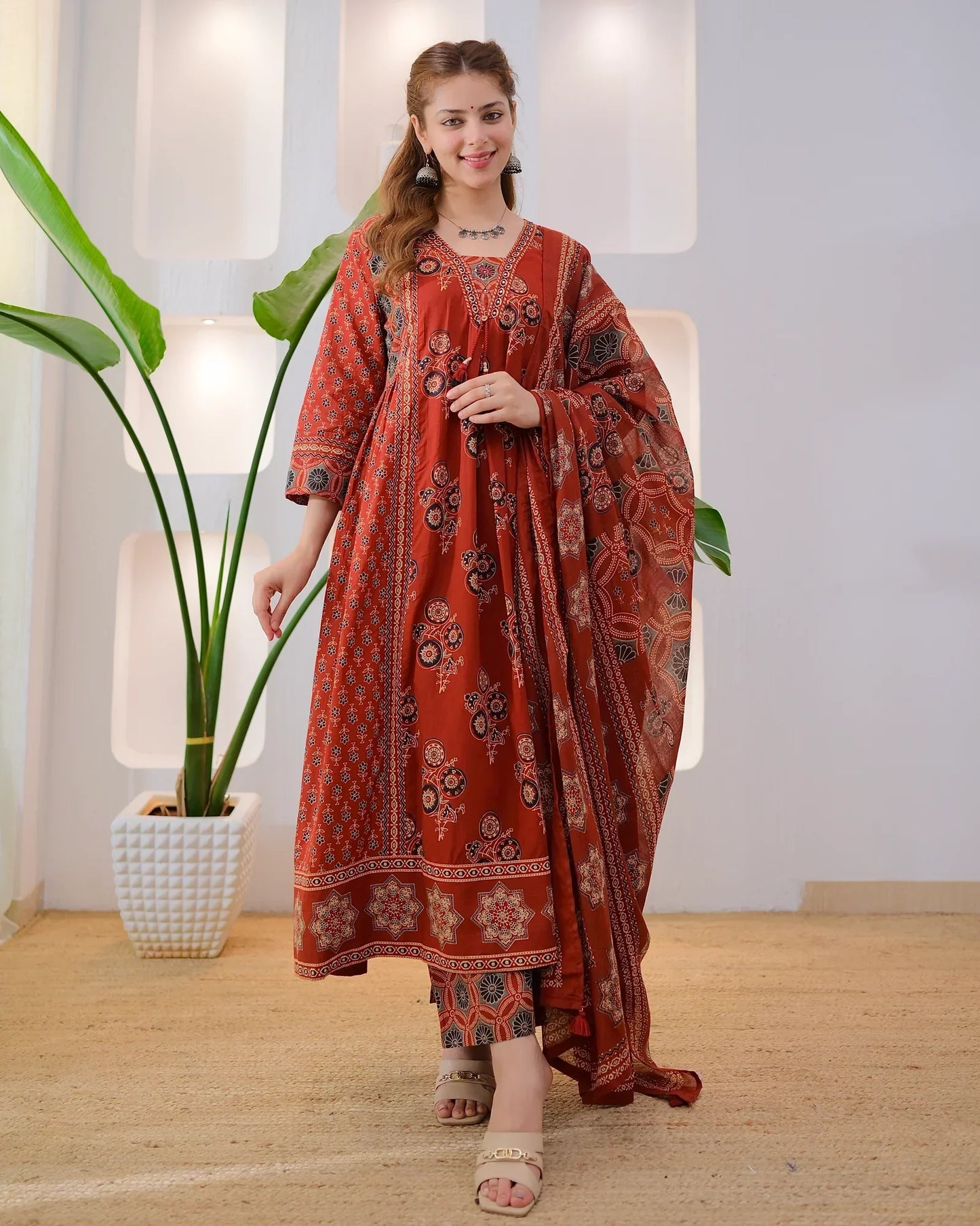 Terracotta Ajrakh Premium Cotton A Line Suit
