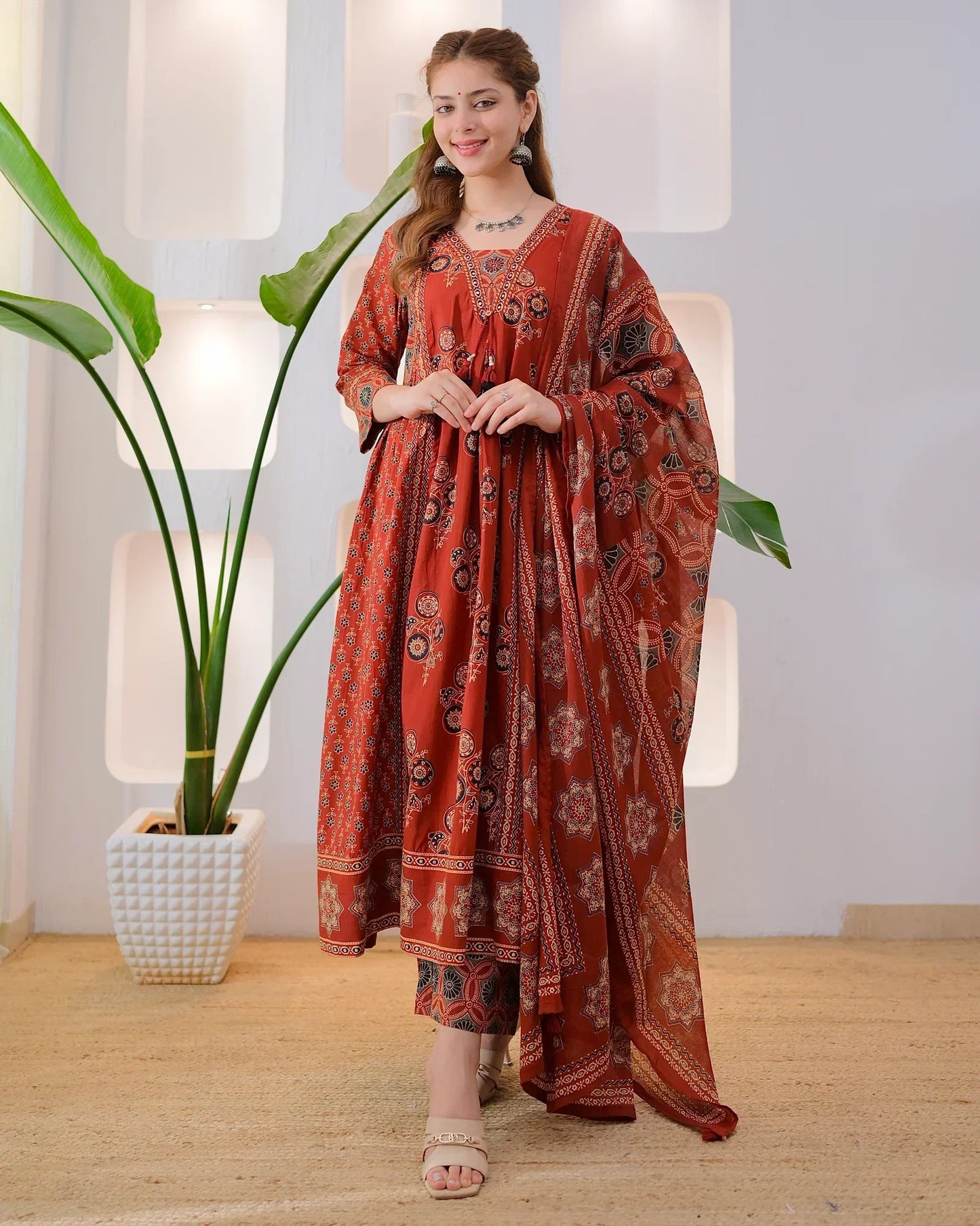 Terracotta Ajrakh Premium Cotton A Line Suit