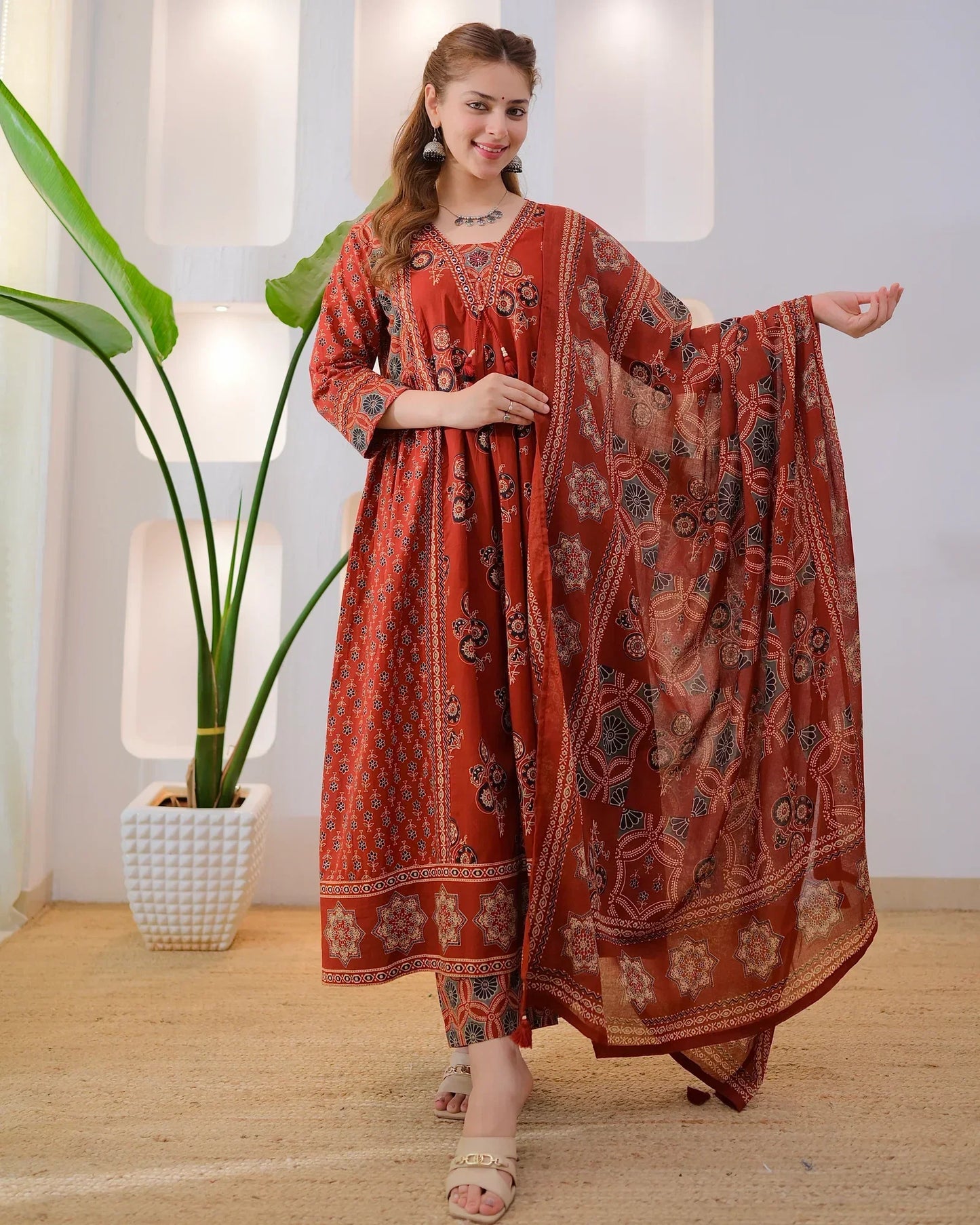 Terracotta Ajrakh Premium Cotton A Line Suit