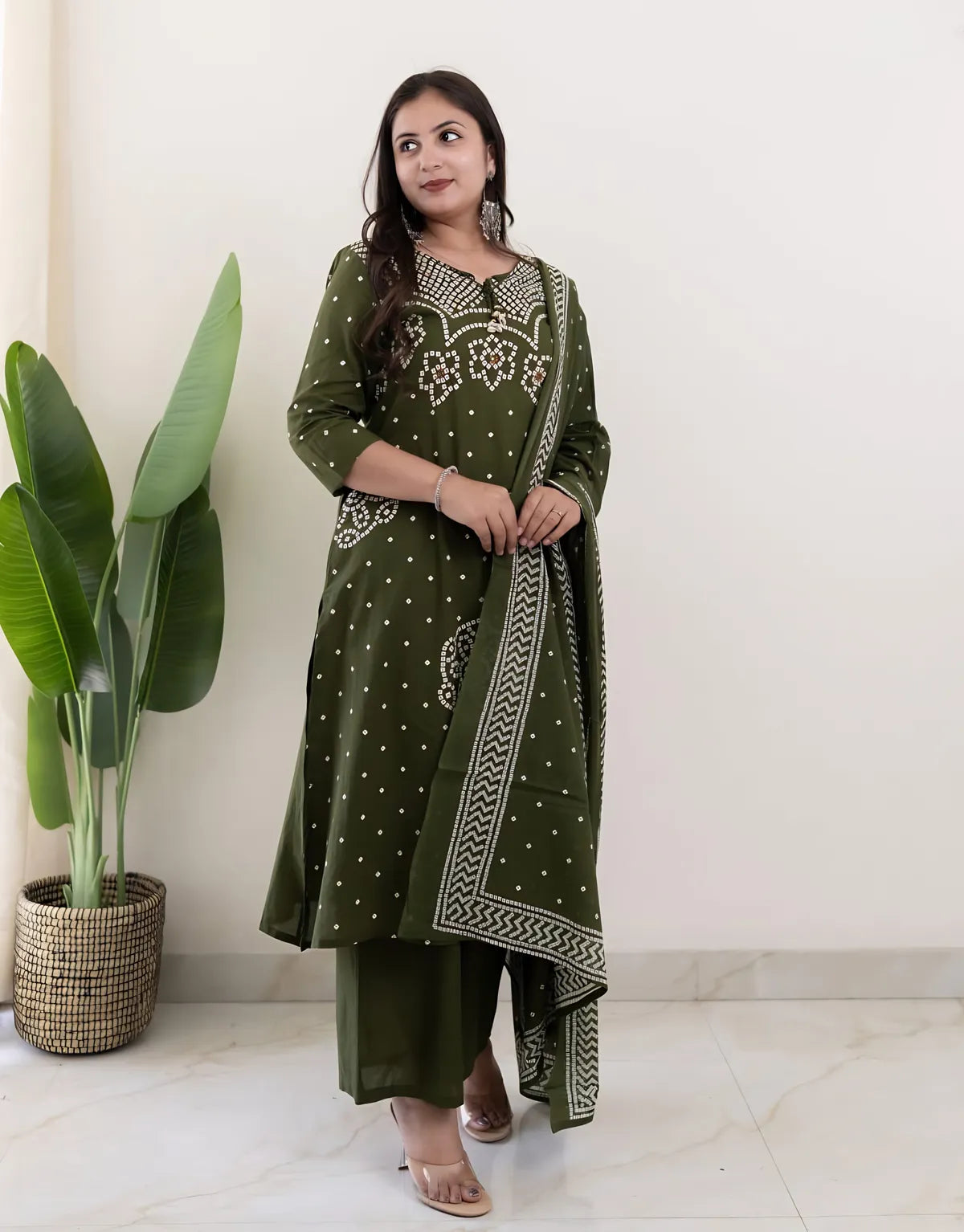 Mehendi Muse Bandhej Mirror Work Cotton Suit
