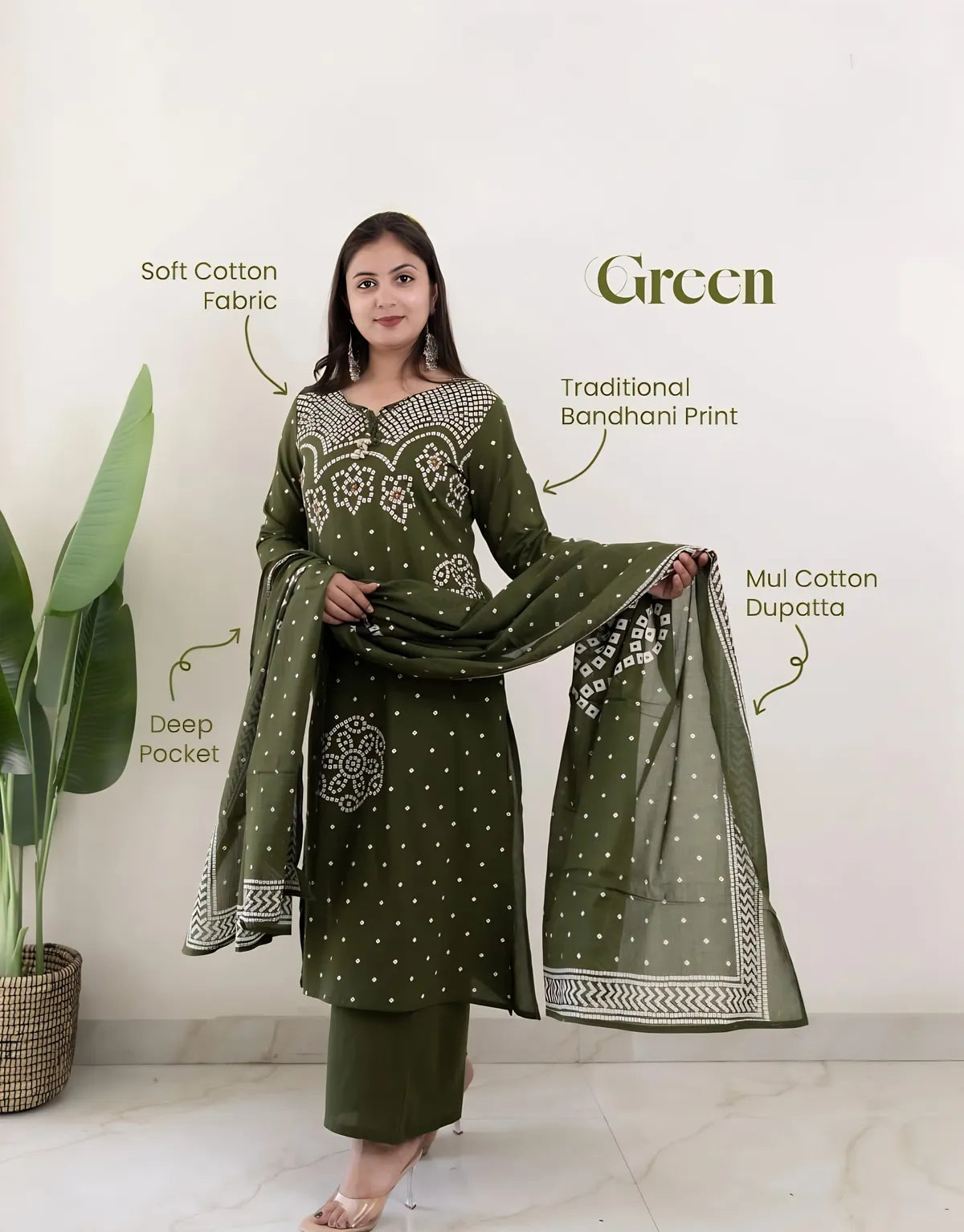 Mehendi Muse Bandhej Mirror Work Cotton Suit
