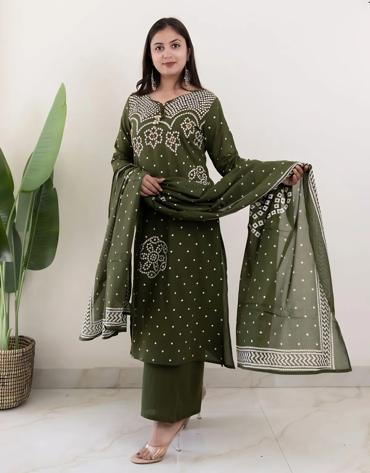 Mehendi Muse Bandhej Mirror Work Cotton Suit
