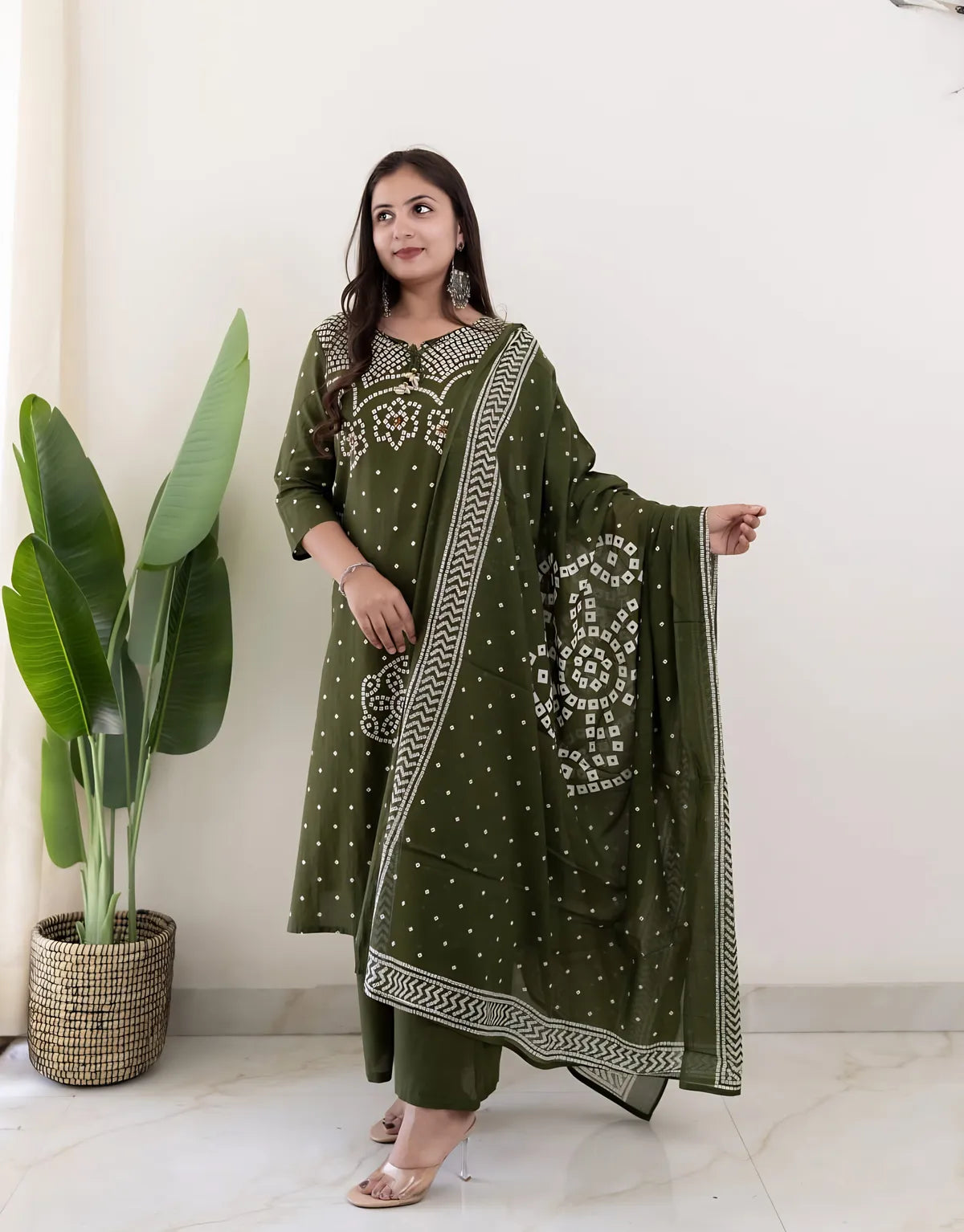 Mehendi Muse Bandhej Mirror Work Cotton Suit