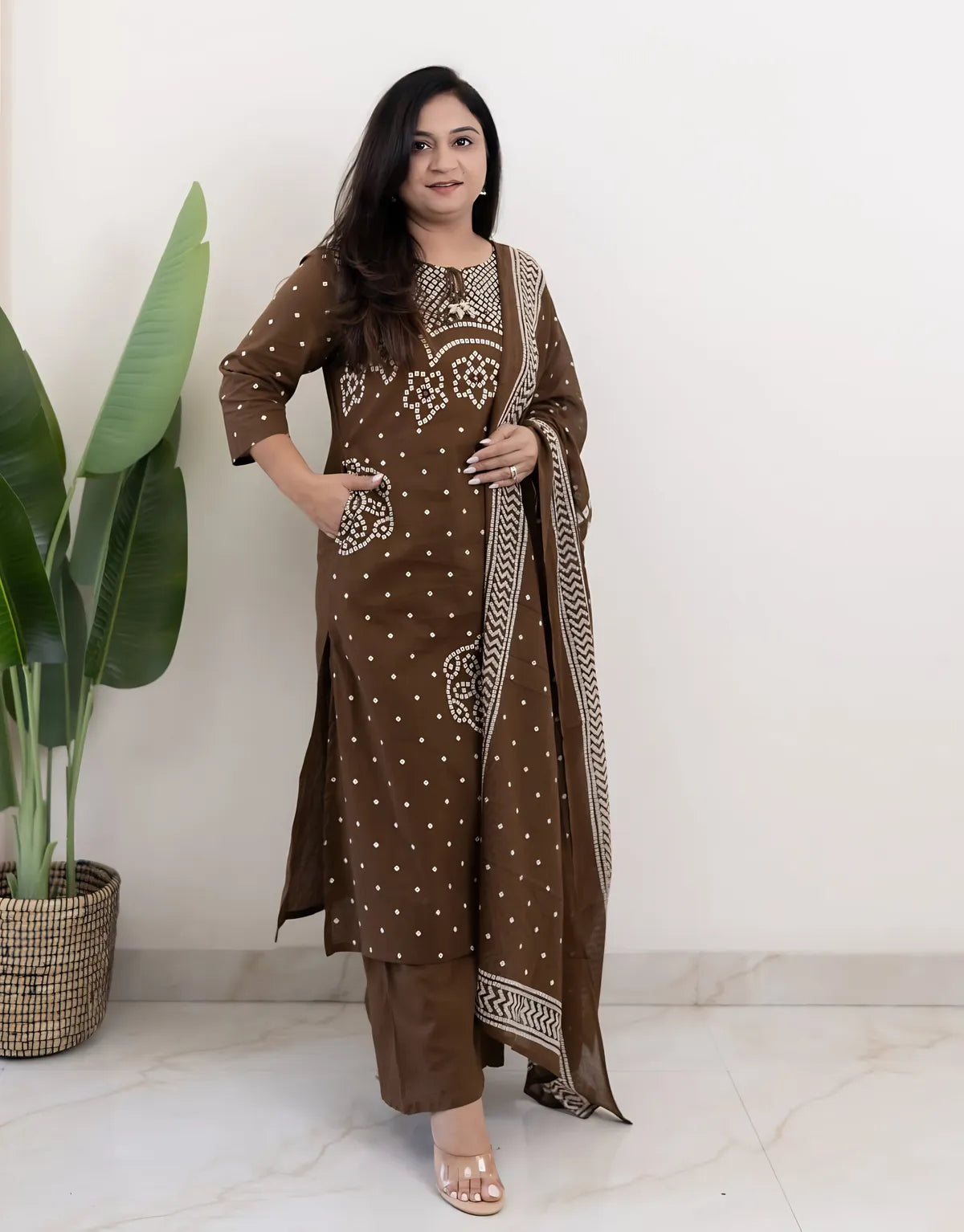 Mocha Mehfil Bandhej Mirror Work Cotton Suit