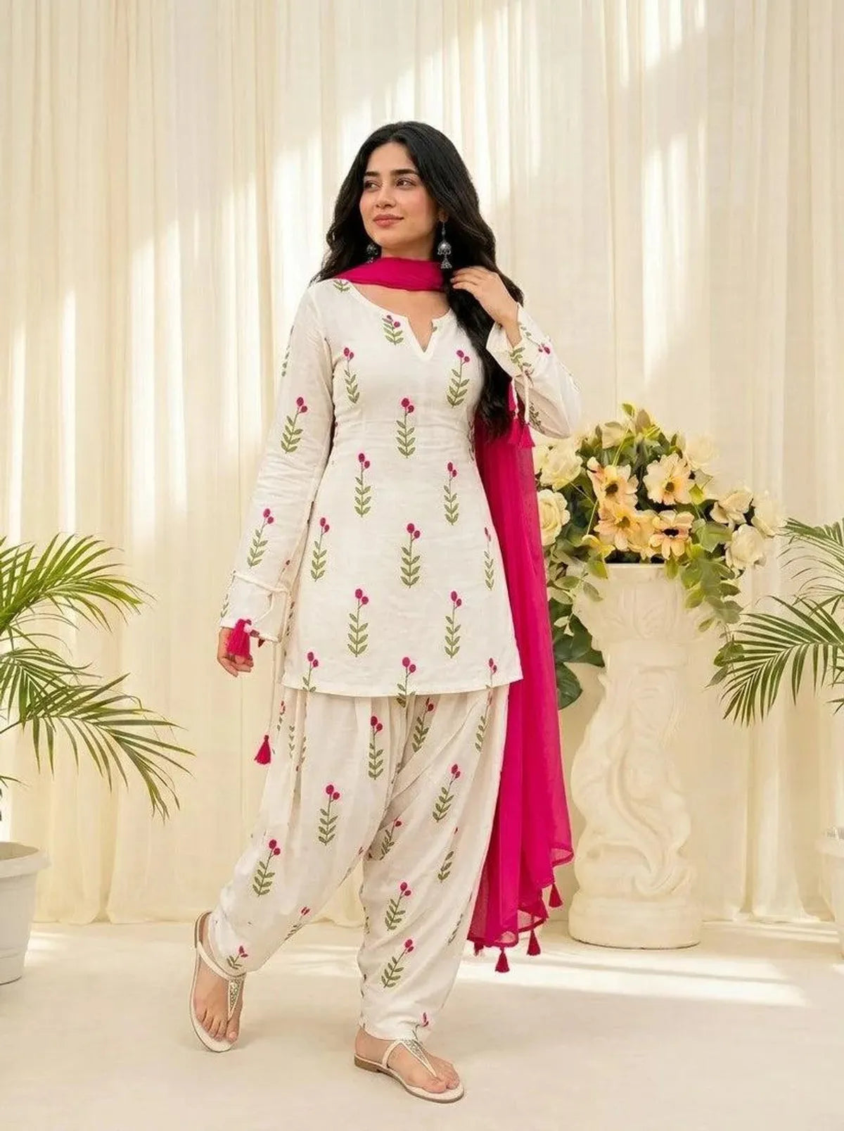 Gulbahar White Floral Cotton Farshi Salwar Suit Set