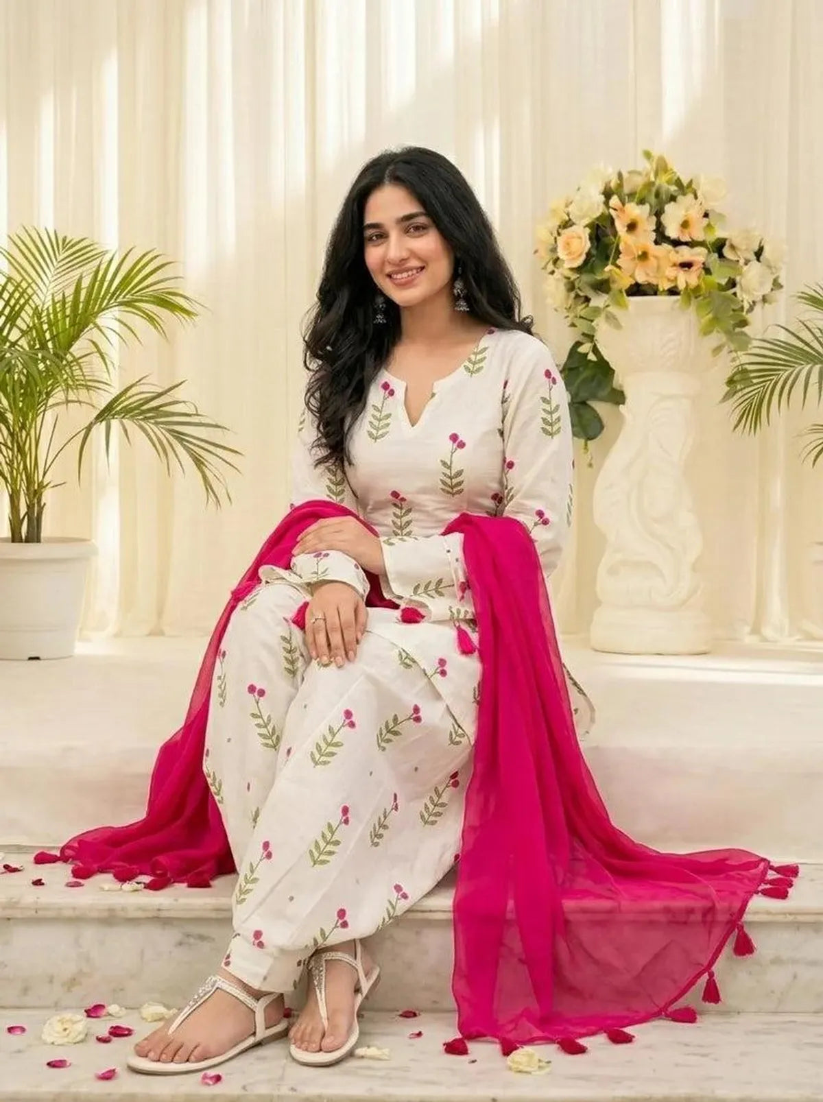 Gulbahar White Floral Cotton Farshi Salwar Suit Set