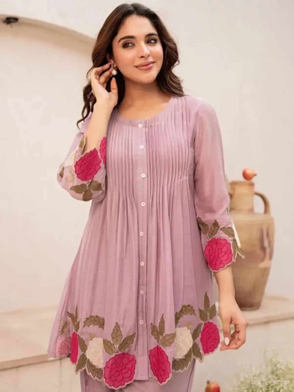 Purple Blossom Embroidered Kurta Set