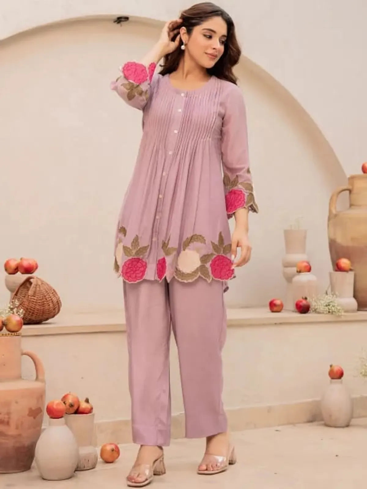 Purple Blossom Embroidered Kurta Set
