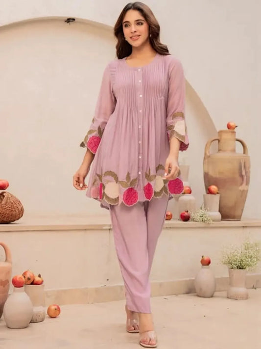Purple Blossom Embroidered Kurta Set