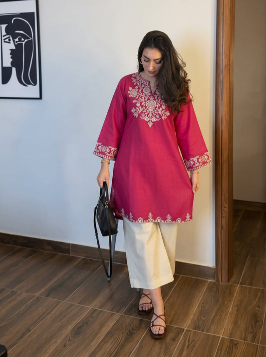 Embroidery Pink Cotton Kurta Set with Palazzo Pants