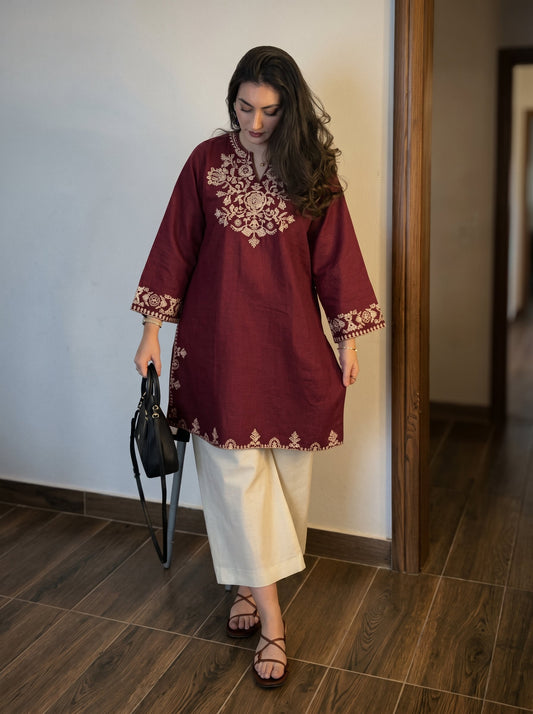 Embroidery Red Cotton Kurta Set with Palazzo Pants