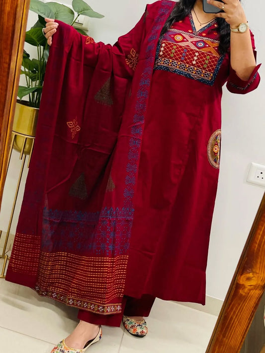 Women’s Embroidered Cotton Kurti Pant & Dupatta Set – Wine Maroon