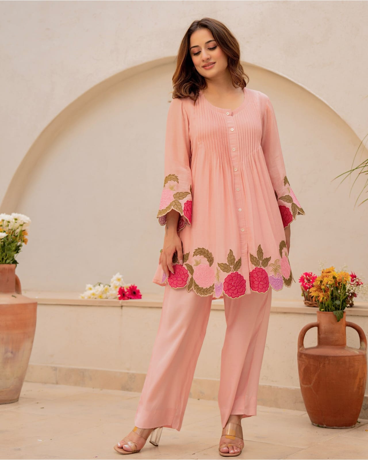 Peach Blossom Embroidered Kurta Set