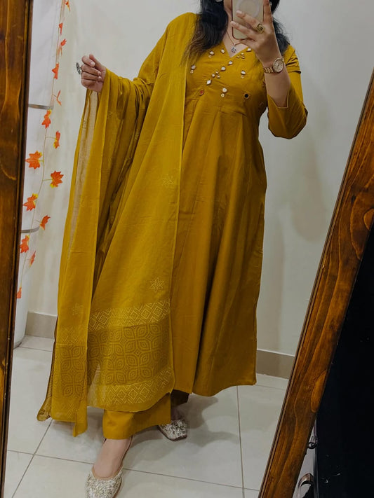 Premium Mustard Yellow Anarkali Kurti Pant Dupatta Set