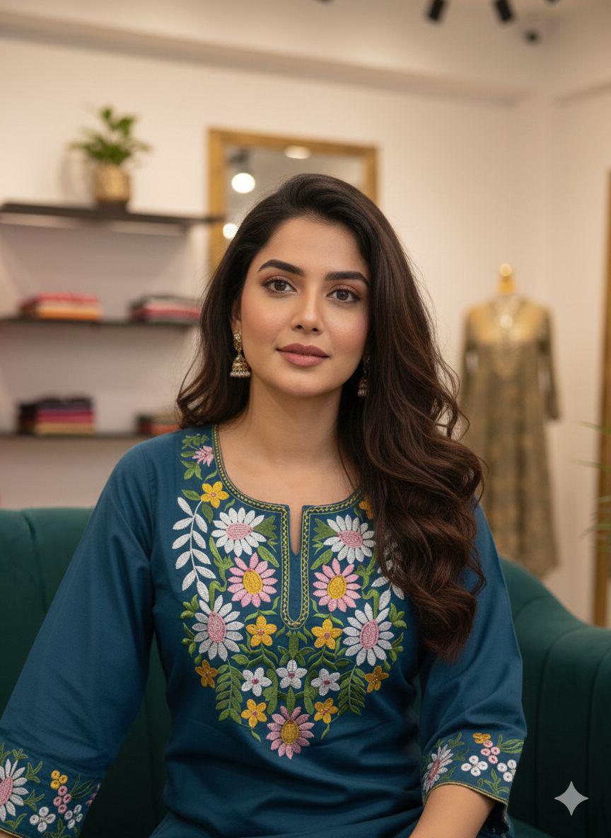 Teal Blue Blossom Embroidered Co-ord Set