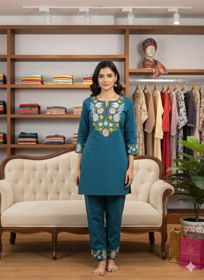 Teal Blue Blossom Embroidered Co-ord Set
