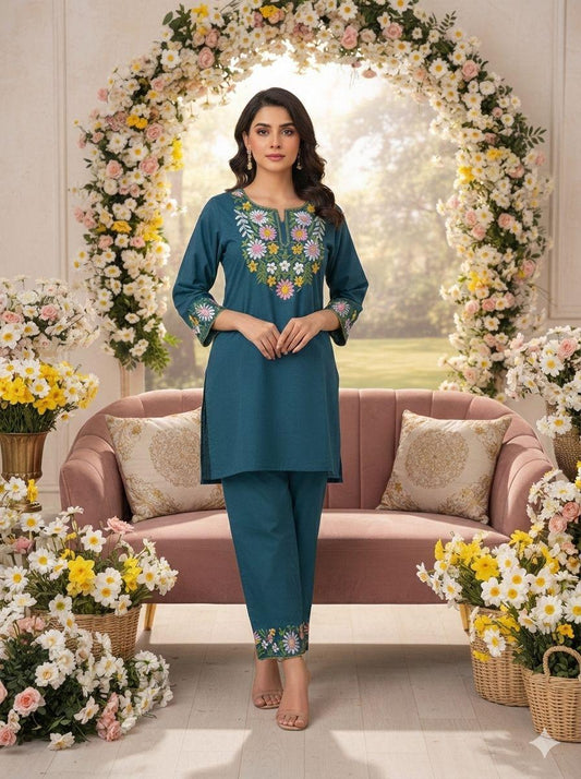 Teal Blue Blossom Embroidered Co-ord Set