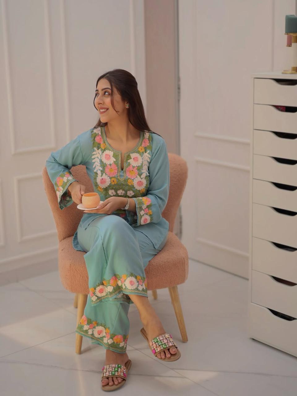 Aqua Blue Floral Embroidered Co-ord Set