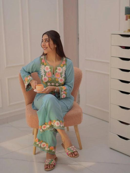 Aqua Blue Floral Embroidered Co-ord Set