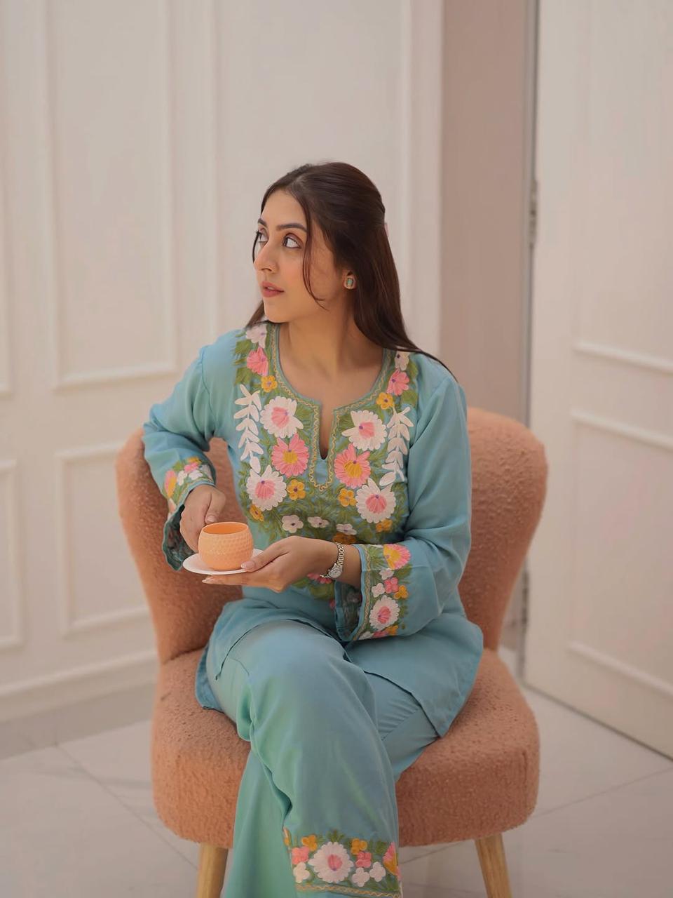 Aqua Blue Floral Embroidered Co-ord Set
