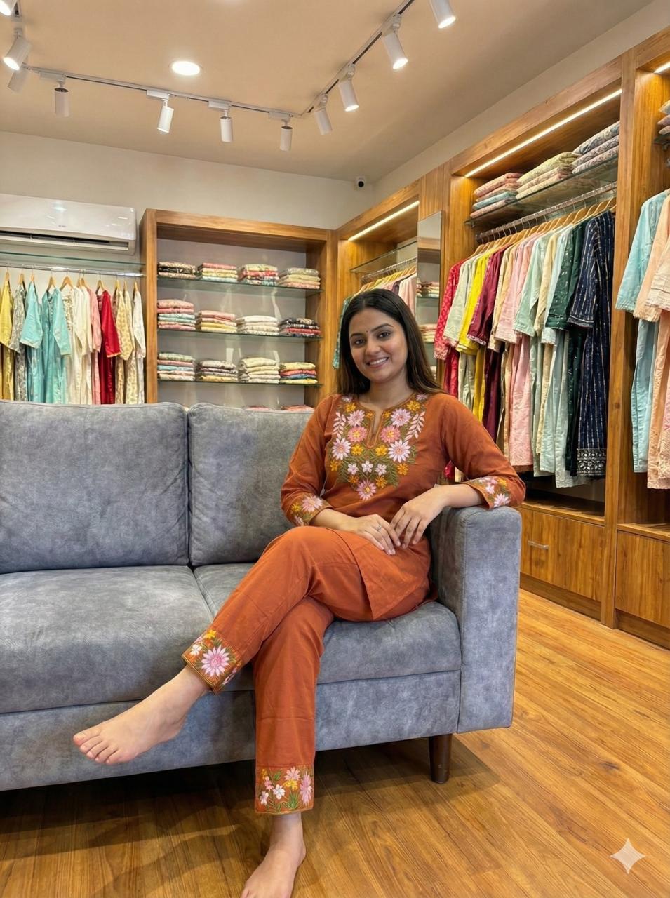 Rust Orange Floral Embroidered Co-ord Set