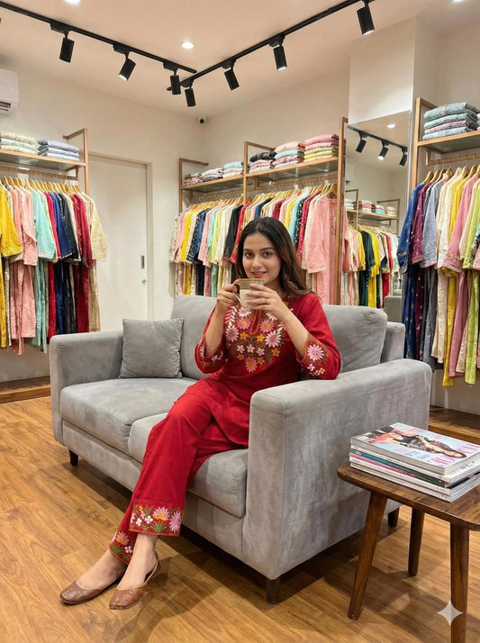 Ruby Red Floral Embroidered Co-ord Set