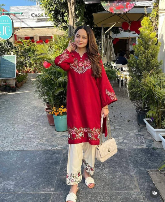 Ruby Red Embroidered Co-ord Set