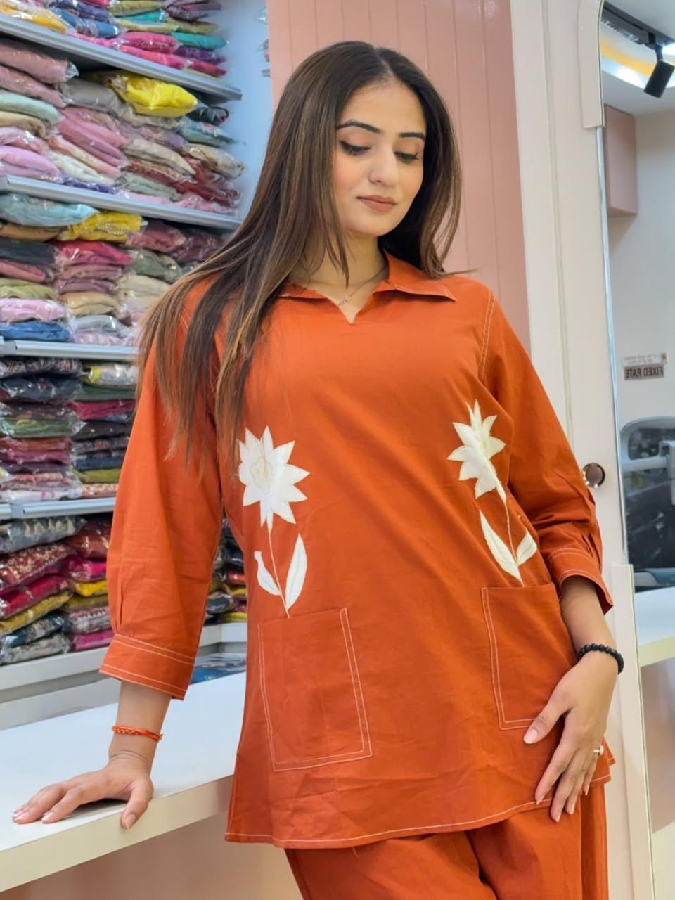 Women’s Rust Orange Floral Embroidered Cotton Co-Ord Set