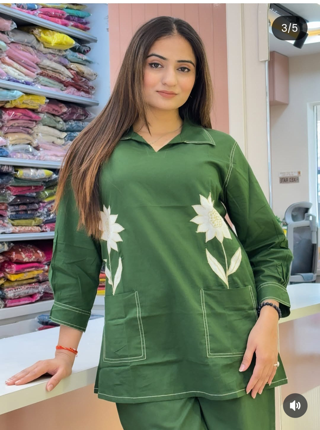 Women’s Bottle Green Floral Embroidered Cotton Co-Ord Set