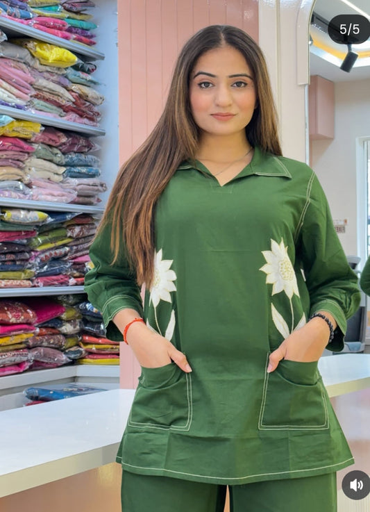 Women’s Bottle Green Floral Embroidered Cotton Co-Ord Set